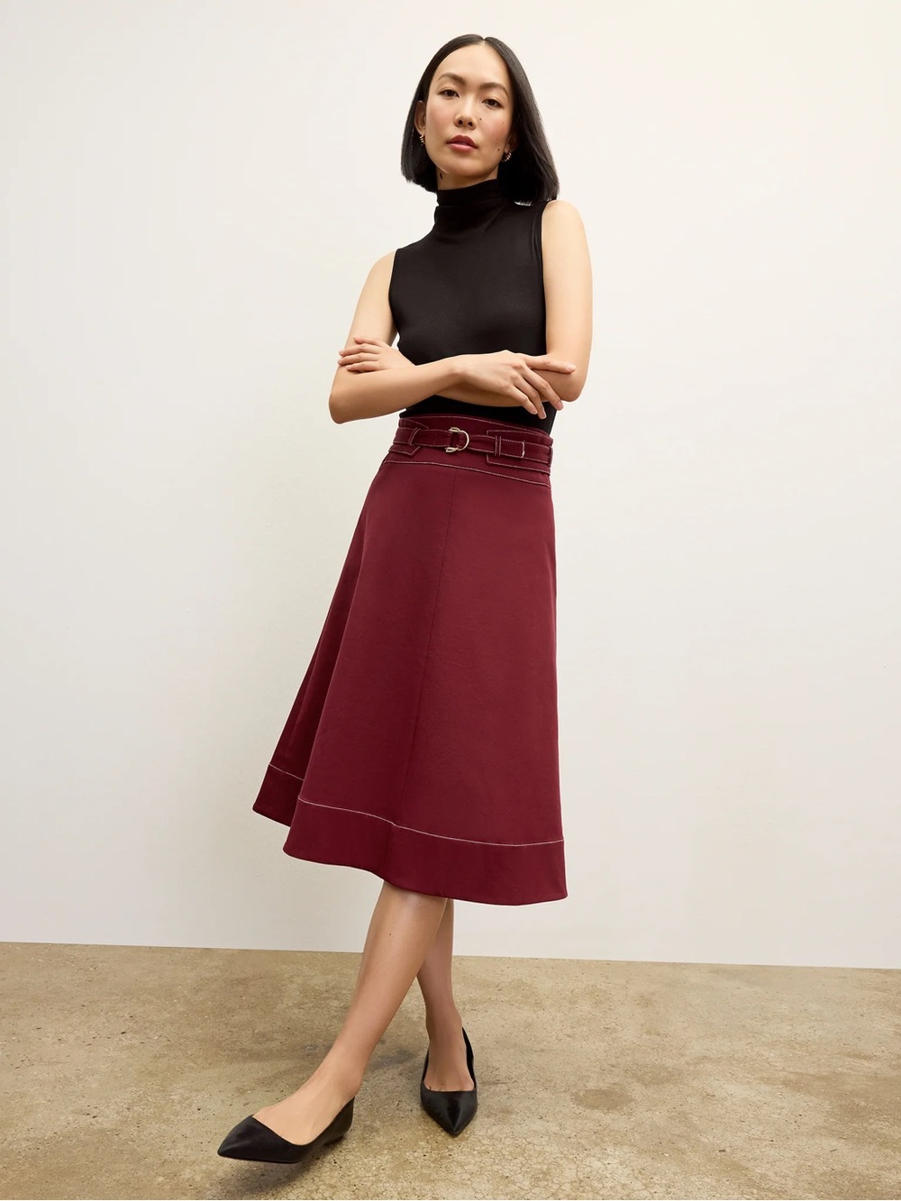 M.M. LA FLEAUR A- Line Midi Skirt in Burgundy with Belt Detail
